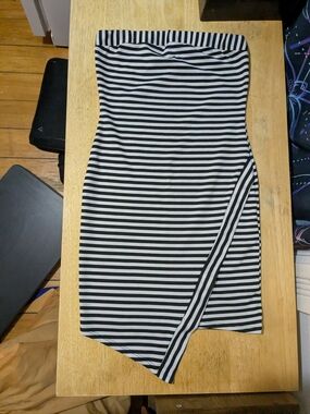 January 7 Black & White Striped Strapless Asymmetrical Dress